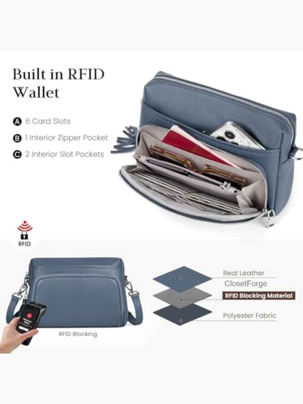 Genuine Leather Crossbody Bag with RFID Wallet, 9.1" - Picture 3 of 7